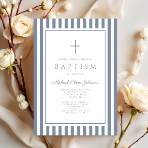 Invitation Elégant baptême garçon bleu poussiéreux croix