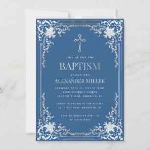 Invitation Élégant Baptême garçon classique Blue Faux Croix d