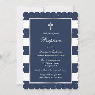 Invitation Élégant Baptême Garçon Croix Argent Bleu