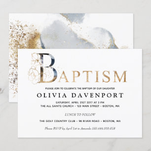 Invitation Élégant Baptême garçon fille or et bleu