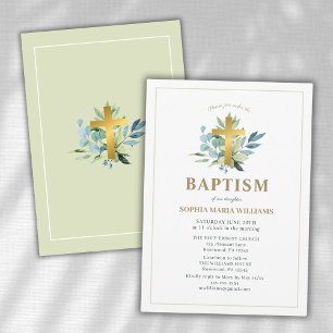 Invitation Elégant Baptême Gold Cross Watercolor Sage