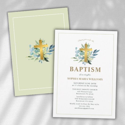 Invitation Elégant Baptême Gold Cross Watercolor Sage