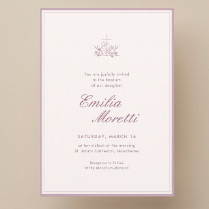 Invitation Élégant baptême initial Cross Olive rose poudré