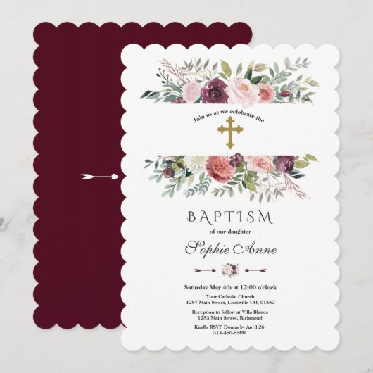 Invitation Élégant Baptême Or de cadre Floral d'ivoire de Bou (Devant / Derrière)