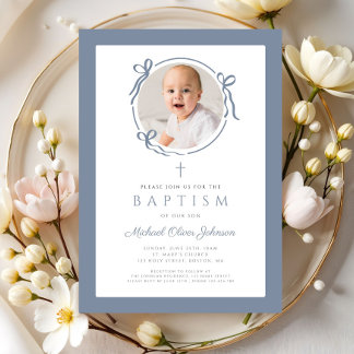 Invitation Élégant Baptême Photo Nœud Bleu Poussiéreux