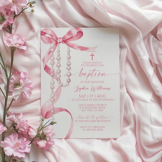 Invitation Élégant Baptême rose et Rosaire