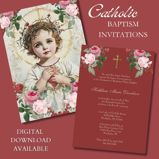 Invitation Élégant Baptême rose Rouge Floral Jésus