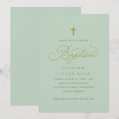 Invitation Élégant Baptême Sage Script Cross (Devant / Derrière)