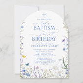 Invitation Élégant Baptême Saint et 1ère Fleurs Bleues Annive (Devant)