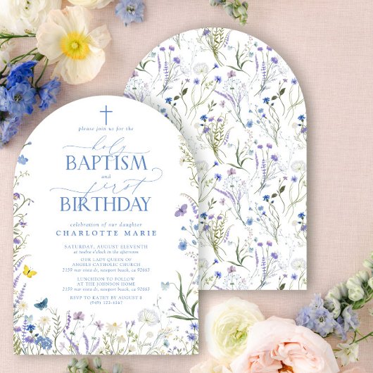 Invitation Élégant Baptême Saint et 1ère Fleurs Bleues Annive