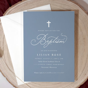 Invitation Élégant Baptême Script Croix Bleu Dusty
