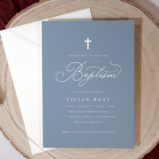 Invitation Élégant Baptême Script Croix Bleu Dusty