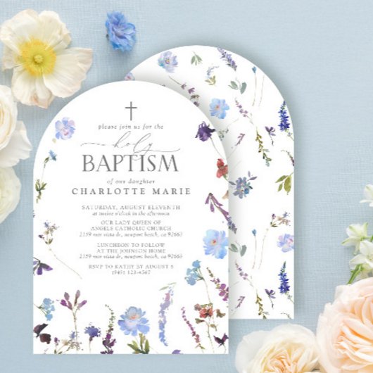 Invitation Élégant Baptême Script Dusty Fleur sauvage bleu