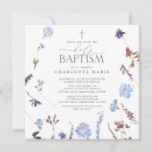 Invitation Élégant Baptême Script Dusty Fleur sauvage bleu (Devant)
