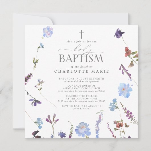 Invitation Élégant Baptême Script Dusty Fleur sauvage bleu (Devant)
