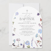 Invitation Élégant Baptême Script Dusty Fleur sauvage bleu (Devant)