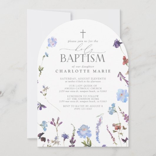 Invitation Élégant Baptême Script Dusty Fleur sauvage bleu (Devant)
