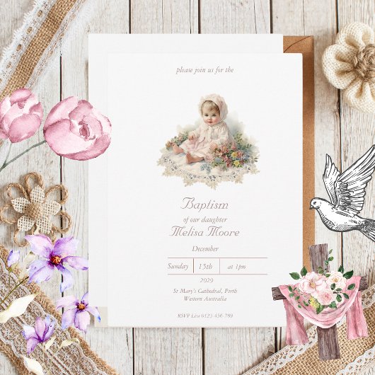 Invitation Élégant Baptême Vintage bébé fille