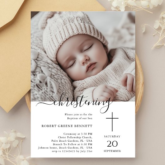 Invitation Élégant Baptême Whimsical Christening Baby Photo B