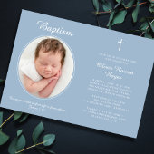 Invitation Elegant Baptism Religious Cross Photo Dusty Blue