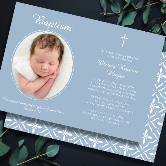Invitation Elegant Baptism Religious Cross Photo Dusty Blue