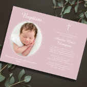 Invitation Elegant Baptism Religious Cross Photo Dusty Pink