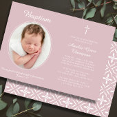 Invitation Elegant Baptism Religious Cross Photo Dusty Pink