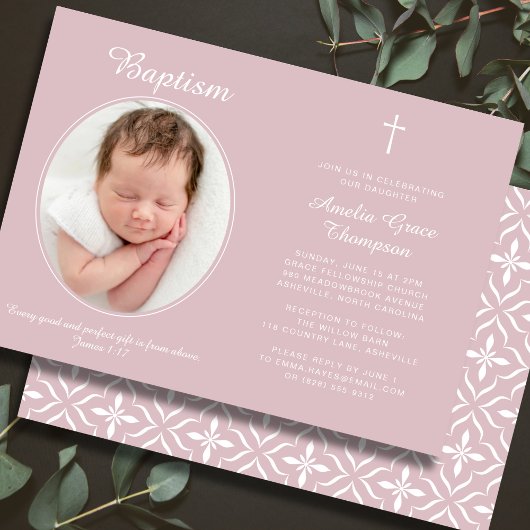 Invitation Elegant Baptism Religious Cross Photo Dusty Pink