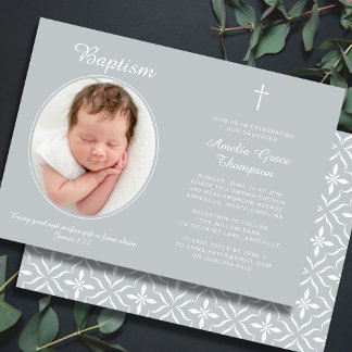 Invitation Elegant Baptism Religious Cross Photo Neutral Gray
