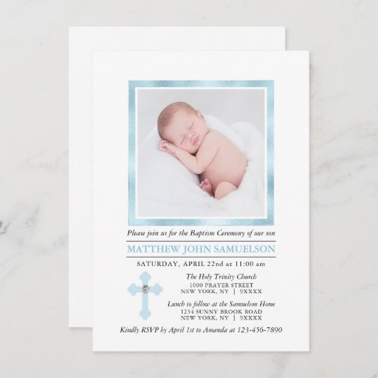 Invitation Élégant BAPTISME CHRISTENING Cross Blue Boy | PHOT (Devant / Derrière)