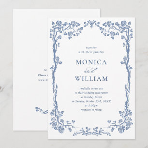 Invitation Élégant Baroque Bleu Jardin Floral Mariage Françai