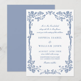 Invitation Elégant Baroque Bleu Jardin Français Floral Mariag