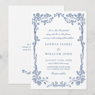 Invitation Elégant Baroque Bleu Jardin Français Floral Mariag