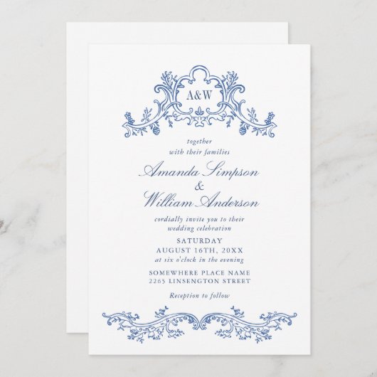 Invitation Elégant baroque Dusty Blue Classy Mariage (Devant / Derrière)
