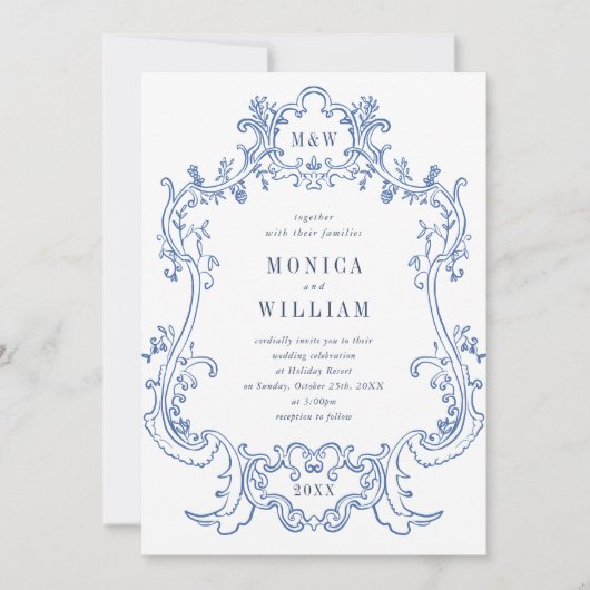 Invitation Elégant Baroque Dusty Blue Frame Mariage QR code (Devant)
