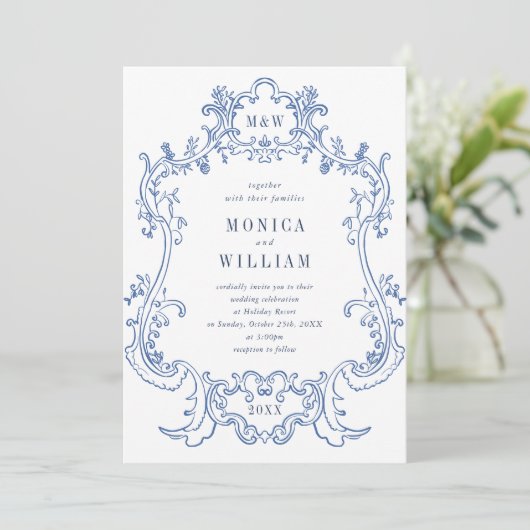 Invitation Elégant Baroque Dusty Blue Frame Mariage QR code (Debout devant)