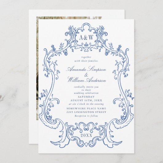 Invitation Elégant Baroque Dusty Blue Frame Photo Mariage (Devant / Derrière)