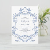 Invitation Elégant Baroque Dusty Blue Frame Photo Mariage (Debout devant)