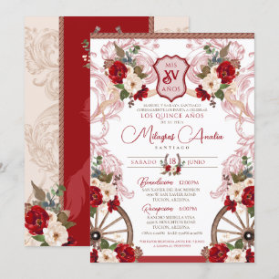 Invitation Élégant Baroque Floral Rouge Quinceañera