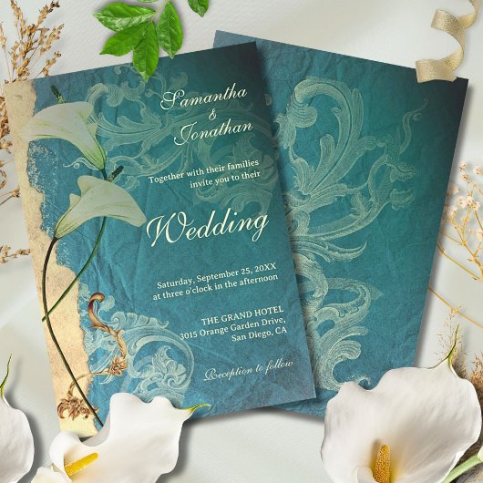 Invitation Elégant baroque Turquoise avec Mariage Calla Lilie
