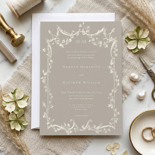 Invitation Élégant Baroque Vintage Neutre Mariage Ivoire Tan