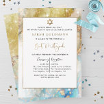 Invitation Élégant Bat mitzvah céleste bleu or et argent<br><div class="desc">Venez enchanter vos amis et votre famille avec cette belle et élégante invitation Bat mitzvah ! Conception avec délicate aquarelle et encre arrière - plan céleste dans les tons bleu, aqua, or et argent avec des étoiles scintillantes et des taches d'or. Possibilité d'ajouter les détails de la cérémonie et de...</div>