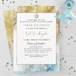 Invitation Élégant Bat mitzvah céleste bleu or et argent<br><div class="desc">Venez enchanter vos amis et votre famille avec cette belle et élégante invitation Bat mitzvah ! Conception avec délicate aquarelle et encre arrière - plan céleste dans les tons bleu, aqua, or et argent avec des étoiles scintillantes et des taches d'or. Possibilité d'ajouter les détails de la cérémonie et de...</div>