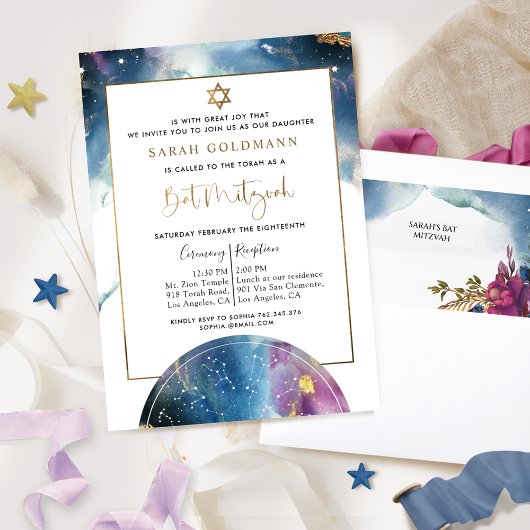 Invitation Elegant Bat Mitzvah Celestial Watercolor