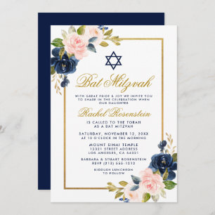 Invitation Élégant Bat mitzvah de cadre bleu rose floral or