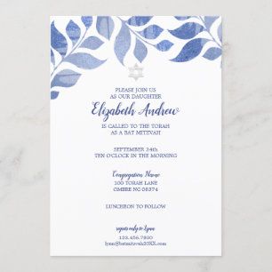 Invitation Elégant Bat mitzvah de feuillage bleu aquarelle