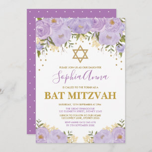 Invitation Élégant Bat mitzvah floral Lavender & Gold