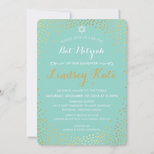 Invitation ÉLÉGANT BAT MITZVAH mini rustique confetti menthe  (Devant)