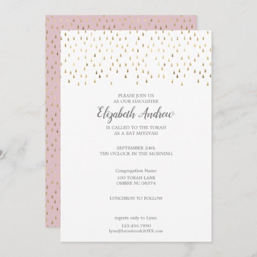 Invitation Élégant Bat mitzvah rose et or Raindrops (Devant / Derrière)