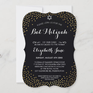 Invitation ÉLÉGANT BAT MITZVAH rustique confetti d'or noir